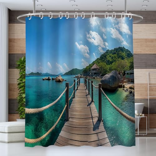 Duschvorhang 240Wx200L Anti Schimmel Für Badezimmer,Meer Holzbrücke Inselblick Groß Badvorhang Polyester Textil Für Zuhause, Wasserabweisend Duschvorhänge Mit Waschbar von ALTCIRNMD