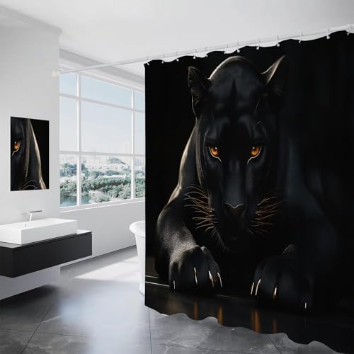 ALTCIRNMD Duschvorhang Wilder Schwarzer Panther，Duschvorhang Tierästhetik Textil Duschvorhäng Anti Schimmel Wasserdicht Polyester Stoff Waschbar Blickdicht Bad Vorhang Mit Haken Für Badezimmer von ALTCIRNMD