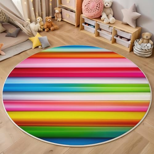 ALTCIRNMD Farbe Bunte Streifen 3D Teppich Rundteppich Für Wohnzimmer 140Cm Abstrakte Kunst,Schlafzimmer rutschfeste Bodenmatte Krabbelmatte Tischset Flur Badematte Esszimmer Eingangsbereich von ALTCIRNMD