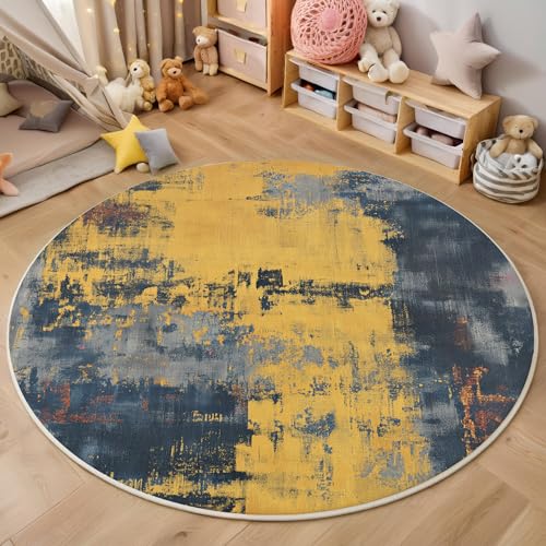 ALTCIRNMD Gelb Blau Einfache Textur 3D Teppich Rundteppich Für Wohnzimmer 160Cm Abstrakte Kunst,Schlafzimmer rutschfeste Bodenmatte Krabbelmatte Tischset Flur Badematte Esszimmer Eingangsbereich von ALTCIRNMD