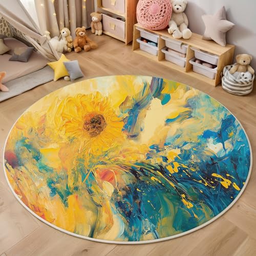 ALTCIRNMD Gelb Blau Wirbelnde Farben 3D Teppich Rundteppich Für Wohnzimmer 200Cm Abstrakte Malerei,Schlafzimmer rutschfeste Bodenmatte Krabbelmatte Tischset Flur Badematte Esszimmer Eingangsbereich von ALTCIRNMD