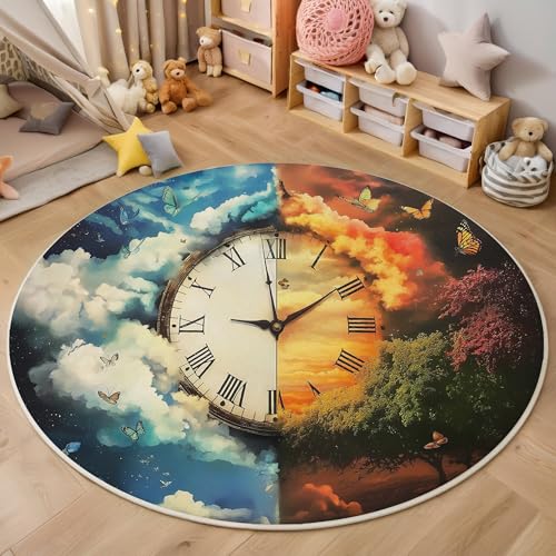 ALTCIRNMD Gelb Blau Wolkenuhr 3D Teppich Rundteppich Für Wohnzimmer 200Cm Verträumtes Aquarell,Schlafzimmer rutschfeste Bodenmatte Krabbelmatte Tischset Flur Badematte Esszimmer Eingangsbereich ALTCIRNMD Gelb Blau Wolkenuhr 3D Teppich Rundteppich Für Wohnzimmer 200Cm Verträumtes Aquarell,Schlafzimmer rutschfeste Bodenmatte Krabbelmatte Tischset Flur Badematte Esszimmer Eingangsbereich von ALTCIRNMD