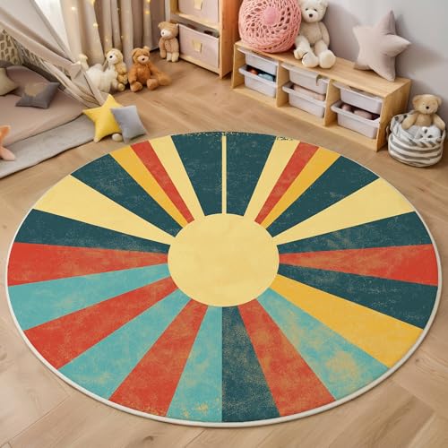 ALTCIRNMD Gelb-Rot Sonnenstreifen 3D Teppich Rundteppich Für Wohnzimmer 200Cm Retro-Kunst,Schlafzimmer rutschfeste Bodenmatte Krabbelmatte Tischset Flur Badematte Esszimmer Eingangsbereich von ALTCIRNMD