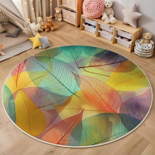 ALTCIRNMD Gelbgrün Linie Verlässt 3D Teppich Rundteppich Für Wohnzimmer 100Cm Modepflanzen,Schlafzimmer rutschfeste Bodenmatte Krabbelmatte Tischset Flur Badematte Esszimmer Eingangsbereich von ALTCIRNMD