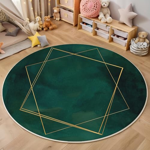 ALTCIRNMD Goldenes Grün Liniengeometrie 3D Teppich Rundteppich Für Wohnzimmer 180Cm Minimal Art,Schlafzimmer rutschfeste Bodenmatte Krabbelmatte Tischset Flur Badematte Esszimmer Eingangsbereich von ALTCIRNMD