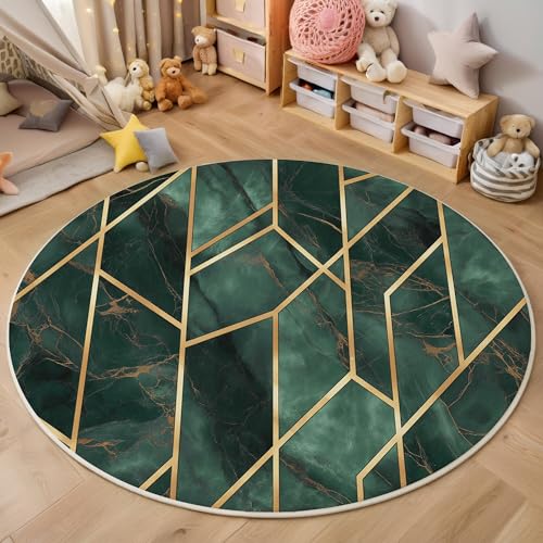 ALTCIRNMD Goldenes Grün Marmormosaik Teppich Rund,3D Abstrakte Linien Rutschfester Bodenmatte Wohnzimmer,Schlafzimmer,Area Kinderzimmer Und Spielzimmer Dekorative Korridor Für Räume,120Cm von ALTCIRNMD