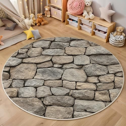 ALTCIRNMD Grau Steinmauer Textur 3D Teppich Rundteppich Für Wohnzimmer 100Cm Natürliche Kunst,Schlafzimmer rutschfeste Bodenmatte Krabbelmatte Tischset Flur Badematte Esszimmer Eingangsbereich von ALTCIRNMD