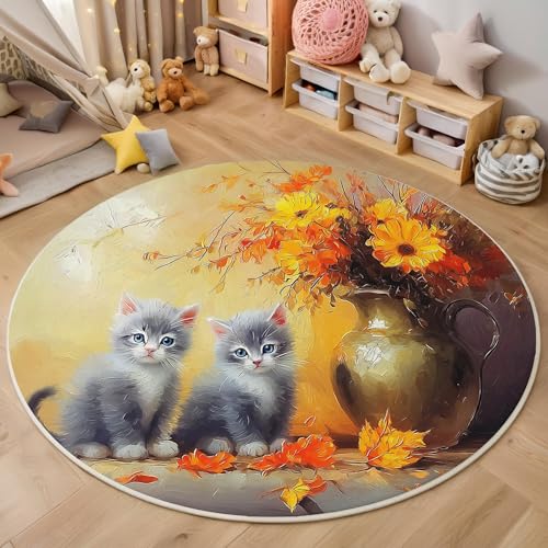 ALTCIRNMD Graugelb Blumenkatze 3D Teppich Rundteppich Für Wohnzimmer 140Cm Ölgemälde Tiere,Schlafzimmer rutschfeste Bodenmatte Krabbelmatte Tischset Flur Badematte Esszimmer Eingangsbereich von ALTCIRNMD