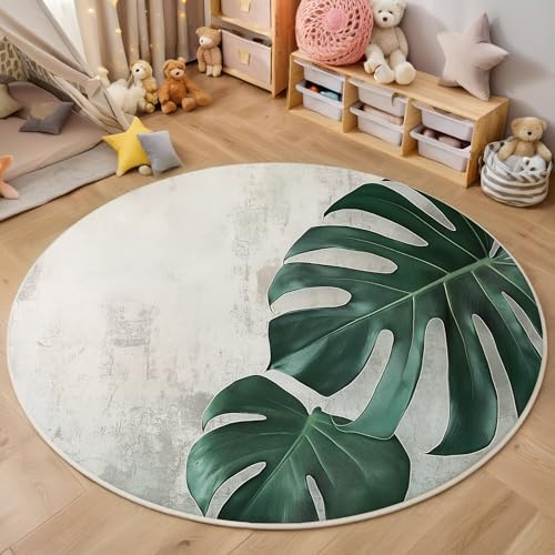 ALTCIRNMD Graugrün Monstera-Blätter 3D Teppich Rundteppich Für Wohnzimmer 100Cm Natürliche Pflanzen,Schlafzimmer rutschfeste Bodenmatte Krabbelmatte Tischset Flur Badematte Esszimmer Eingangsbereich von ALTCIRNMD