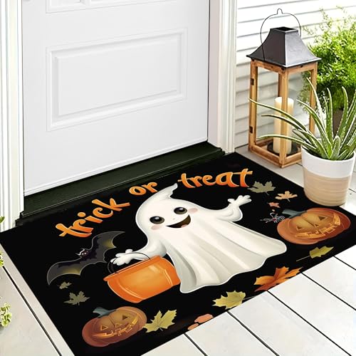 ALTCIRNMD Halloween Deko Fußmatte,Orange Farbe Geisterkürbis Willkommen,rutschfeste Badematten Cartoon-Kunst,Türmatte Innen Außen Für Badezimme Küche Raumdekoration,60X90Cm von ALTCIRNMD