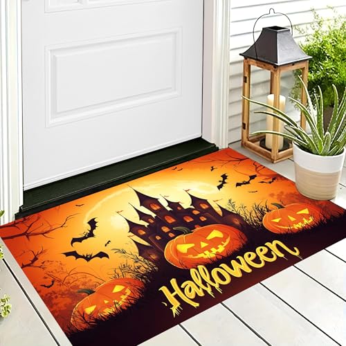 ALTCIRNMD Halloween Deko Fußmatte,Orange Farbe Kürbisschloss Willkommen,rutschfeste Badematten Cartoon-Landschaft,Türmatte Innen Außen Für Badezimme Küche Raumdekoration,60X90Cm von ALTCIRNMD