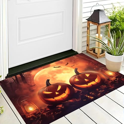 ALTCIRNMD Halloween Deko Fußmatte,Orange Farbe Mondkürbis Willkommen,rutschfeste Badematten Landschaftskunst,Türmatte Innen Außen Für Badezimme Küche Raumdekoration,70X100Cm von ALTCIRNMD