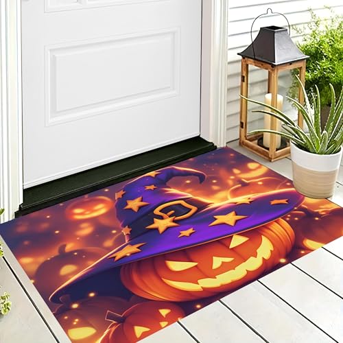 ALTCIRNMD Halloween Deko Fußmatte,Orange-Lila Zaubererkürbis Willkommen,rutschfeste Badematten Cartoon-Kunst,Türmatte Innen Außen Für Badezimme Küche Raumdekoration,40X60Cm von ALTCIRNMD