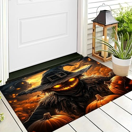 ALTCIRNMD Halloween Deko Fußmatte,Orange Schwarz Kürbis-Vogelscheuche Willkommen,rutschfeste Badematten Fantasy-Illustrationen,Türmatte Innen Außen Für Badezimme Küche Raumdekoration,60X90Cm von ALTCIRNMD