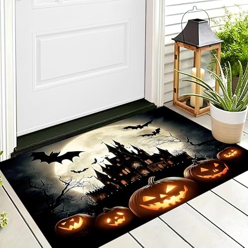 ALTCIRNMD Halloween Deko Fußmatte,Orange Schwarz Schlosskürbis Willkommen,rutschfeste Badematten Landschaftsarchitektur,Türmatte Innen Außen Für Badezimme Küche Raumdekoration,60X90Cm von ALTCIRNMD
