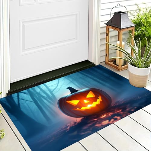 ALTCIRNMD Halloween Deko Fußmatte,Orangeblau Glitzerkürbis Willkommen,rutschfeste Badematten Waldlandschaft,Türmatte Innen Außen Für Badezimme Küche Raumdekoration,60X90Cm von ALTCIRNMD