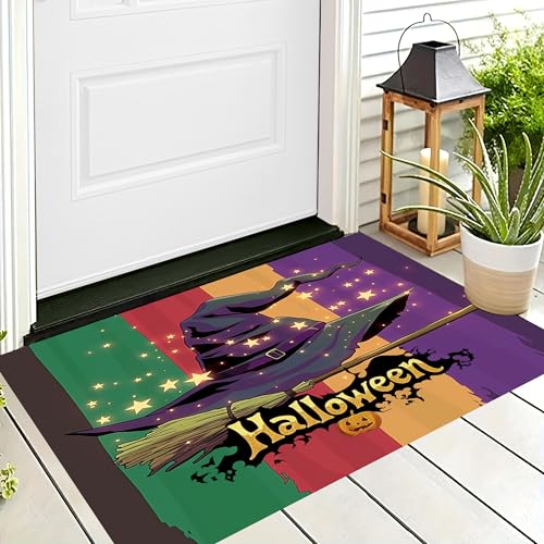 ALTCIRNMD Halloween-Fußmatte,Farbe Gestreifter Hexenhut Willkommens-Motiv,rutschfeste Matten,Kreative Künste Bodenschichtung,Fußmatten,Saisonal Für Veranda,Eingangsdekoration,70X100Cm von ALTCIRNMD
