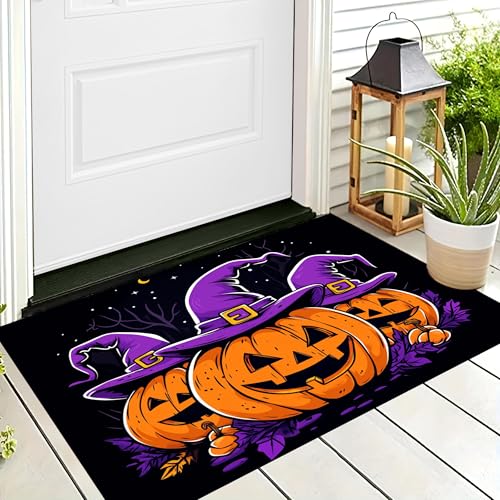 ALTCIRNMD Halloween-Fußmatte,Orange-Lila Kürbis Hexenhut Willkommens-Motiv,rutschfeste Matten,Cartoon-Kunst Bodenschichtung,Fußmatten,Saisonal Für Veranda,Eingangsdekoration,40X60Cm von ALTCIRNMD