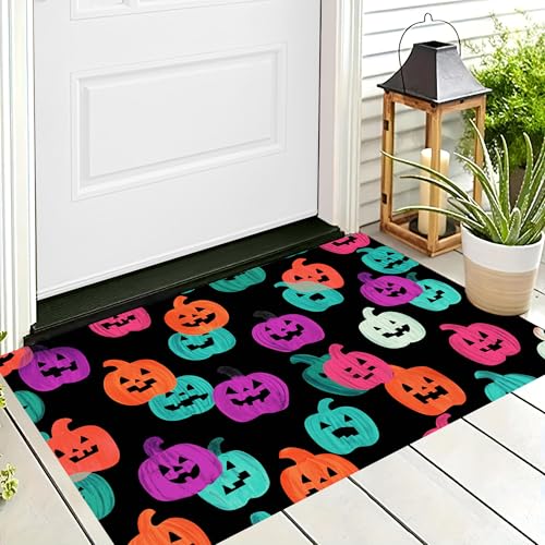 ALTCIRNMD Halloween-Willkommens-Fußmatte,rutschfeste Matten Drinnen Draußen,Farbe Leuchtende Kürbisse Abstrakte Kunst Saugfähiger Eingangsteppich Odenmatte Kleiner Teppich Für Vorderm,60X90Cm von ALTCIRNMD