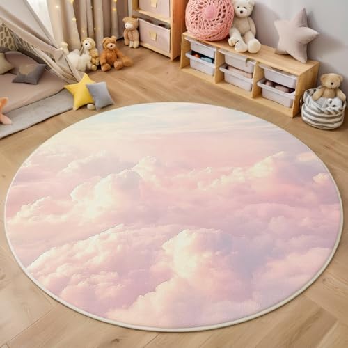 ALTCIRNMD Hellrosa Himmel Wolken 3D Teppich Rundteppich Für Wohnzimmer 120Cm Verträumte Landschaft,Schlafzimmer rutschfeste Bodenmatte Krabbelmatte Tischset Flur Badematte Esszimmer Eingangsbereich von ALTCIRNMD