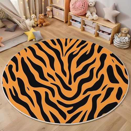 ALTCIRNMD Orange Schwarz Tigerfell 3D Teppich Rundteppich Für Wohnzimmer 140Cm Tiertexturen,Schlafzimmer rutschfeste Bodenmatte Krabbelmatte Tischset Flur Badematte Esszimmer Eingangsbereich von ALTCIRNMD