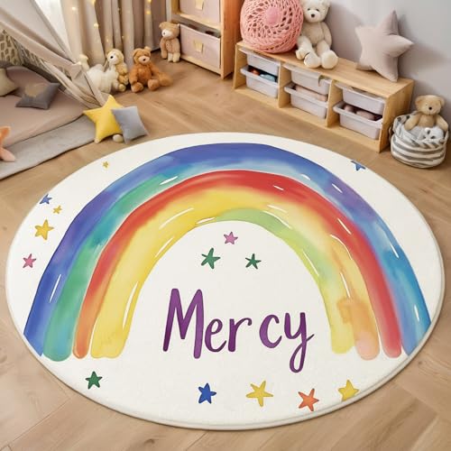 ALTCIRNMD Regenbogenfarben Sterntext 3D Teppich Rundteppich Für Wohnzimmer 140Cm Cartoon-Aquarell,Schlafzimmer rutschfeste Bodenmatte Krabbelmatte Tischset Flur Badematte Esszimmer Eingangsbereich von ALTCIRNMD