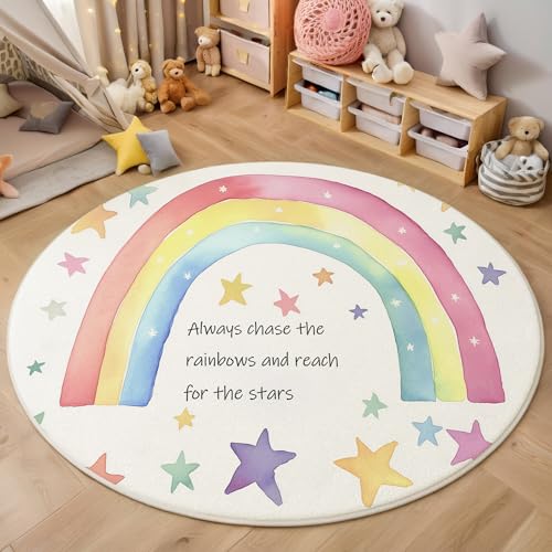 ALTCIRNMD Regenbogenfarben Sterntext 3D Teppich Rundteppich Für Wohnzimmer 140Cm Niedliche Kunst,Schlafzimmer rutschfeste Bodenmatte Krabbelmatte Tischset Flur Badematte Esszimmer Eingangsbereich von ALTCIRNMD
