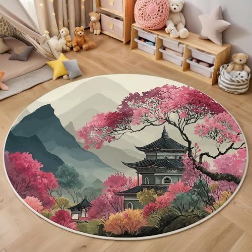ALTCIRNMD Rosa Bergkirschblüten 3D Teppich Rundteppich Für Wohnzimmer 140Cm Japanische Landschaft,Schlafzimmer rutschfeste Bodenmatte Krabbelmatte Tischset Flur Badematte Esszimmer Eingangsbereich von ALTCIRNMD