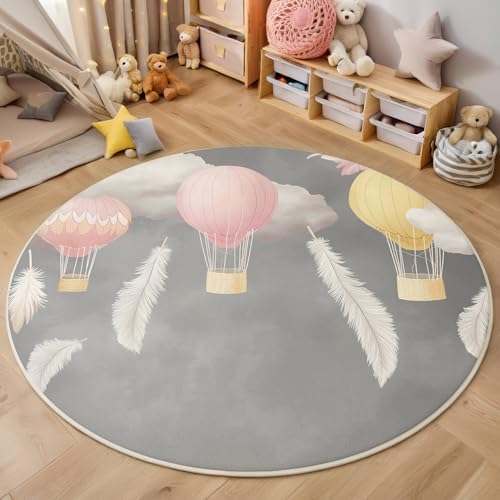 ALTCIRNMD Rosa Gelb Heißluftballonfedern 3D Teppich Rundteppich Für Wohnzimmer 100Cm Cartoon-Kunst,Schlafzimmer rutschfeste Bodenmatte Krabbelmatte Tischset Flur Badematte Esszimmer Eingangsbereich von ALTCIRNMD