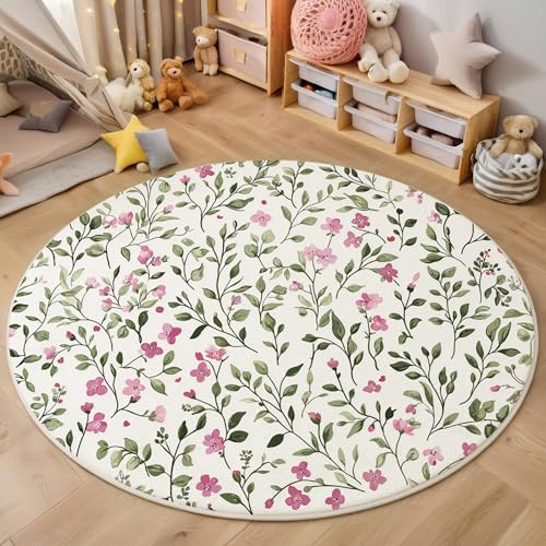 ALTCIRNMD Rosa Grün Blumen Und Grüne Blätter Teppich Rund,3D Aquarellpflanzen Rutschfester Bodenmatte Wohnzimmer,Schlafzimmer,Area Kinderzimmer Und Spielzimmer Dekorative Korridor Für Räume,100Cm von ALTCIRNMD