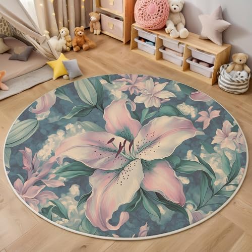 ALTCIRNMD Rosa Grün Liliengrüne Blätter Teppich Rund,3D Elegante Pflanzen Rutschfester Bodenmatte Wohnzimmer,Schlafzimmer,Area Kinderzimmer Und Spielzimmer Dekorative Korridor Für Räume,120Cm von ALTCIRNMD