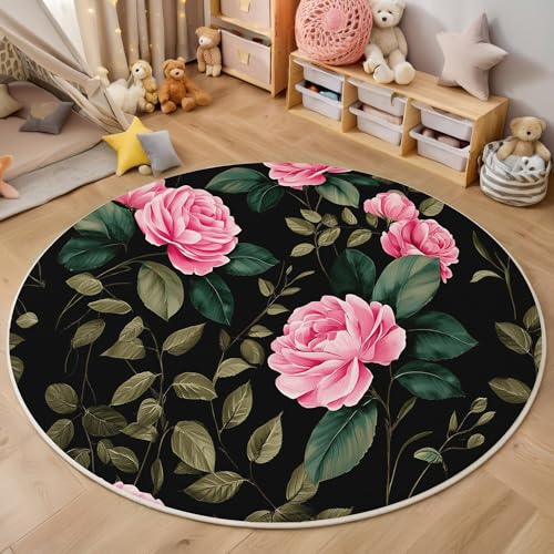 ALTCIRNMD Rosa Grün Rosengrüne Blätter 3D Teppich Rundteppich Für Wohnzimmer 100Cm Retro-Aquarell,Schlafzimmer rutschfeste Bodenmatte Krabbelmatte Tischset Flur Badematte Esszimmer Eingangsbereich von ALTCIRNMD