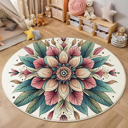 ALTCIRNMD Rosa Grün Symmetrische Blumen Teppich Rund,3D Böhmische Pflanzen Rutschfester Bodenmatte Wohnzimmer,Schlafzimmer,Area Kinderzimmer Und Spielzimmer Dekorative Korridor Für Räume,140Cm von ALTCIRNMD