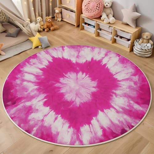 ALTCIRNMD Rosa Herz-Batik 3D Teppich Rundteppich Für Wohnzimmer 100Cm Abstrakte Kunst,Schlafzimmer rutschfeste Bodenmatte Krabbelmatte Tischset Flur Badematte Esszimmer Eingangsbereich von ALTCIRNMD