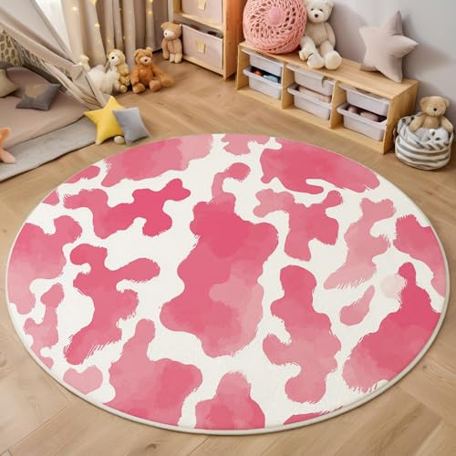 ALTCIRNMD Rosa Kuh Textur 3D Teppich Rundteppich Für Wohnzimmer 160Cm Aquarellkunst,Schlafzimmer rutschfeste Bodenmatte Krabbelmatte Tischset Flur Badematte Esszimmer Eingangsbereich von ALTCIRNMD