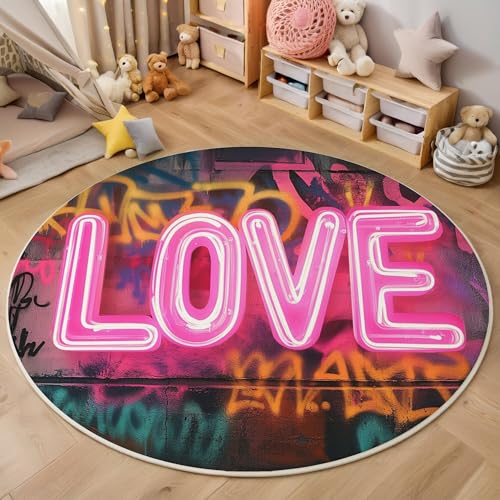ALTCIRNMD Rosa Leichtes Herz 3D Teppich Rundteppich Für Wohnzimmer 200Cm Graffiti-Text,Schlafzimmer rutschfeste Bodenmatte Krabbelmatte Tischset Flur Badematte Esszimmer Eingangsbereich von ALTCIRNMD