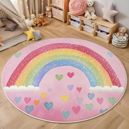 ALTCIRNMD Rosa Liebe Regenbogen 3D Teppich Rundteppich Für Wohnzimmer 120Cm Cartoon-Illustrationen,Schlafzimmer rutschfeste Bodenmatte Krabbelmatte Tischset Flur Badematte Esszimmer Eingangsbereich von ALTCIRNMD