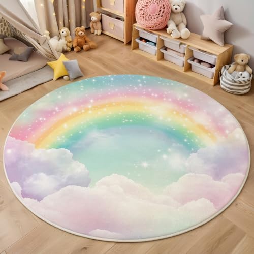 ALTCIRNMD Rosa Lila Regenbogenwolken 3D Teppich Rundteppich Für Wohnzimmer 140Cm Fantasie-Cartoon,Schlafzimmer rutschfeste Bodenmatte Krabbelmatte Tischset Flur Badematte Esszimmer Eingangsbereich von ALTCIRNMD