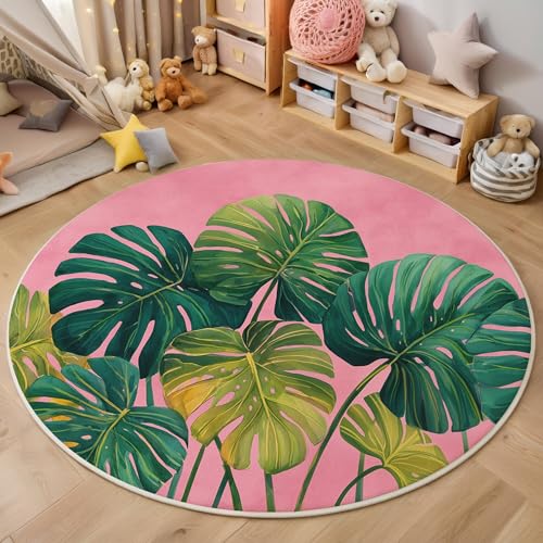 ALTCIRNMD Rosa Monstera-Blätter 3D Teppich Rundteppich Für Wohnzimmer 120Cm Aquarellpflanzen,Schlafzimmer rutschfeste Bodenmatte Krabbelmatte Tischset Flur Badematte Esszimmer Eingangsbereich von ALTCIRNMD