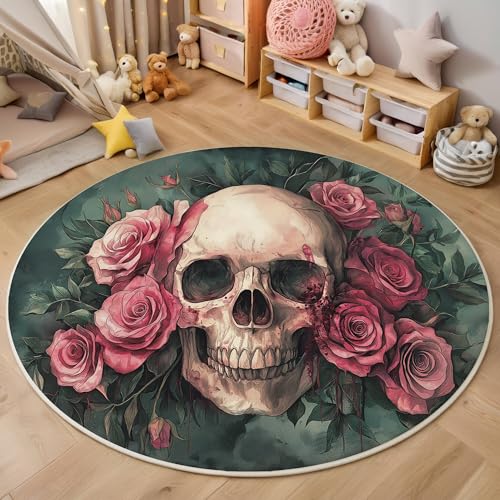 ALTCIRNMD Rosa Rosenschädel Teppich Rund,3D Gotische Pflanzen Rutschfester Bodenmatte Wohnzimmer,Schlafzimmer,Area Kinderzimmer Und Spielzimmer Dekorative Korridor Für Räume,120Cm von ALTCIRNMD