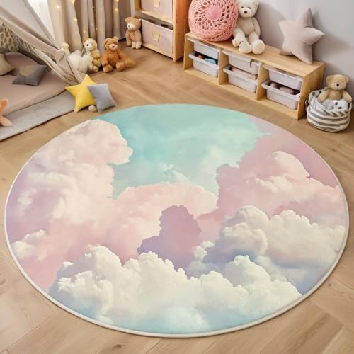 ALTCIRNMD Rosa Schöne Wolken 3D Teppich Rundteppich Für Wohnzimmer 180Cm Verträumtes Aquarell,Schlafzimmer rutschfeste Bodenmatte Krabbelmatte Tischset Flur Badematte Esszimmer Eingangsbereich von ALTCIRNMD