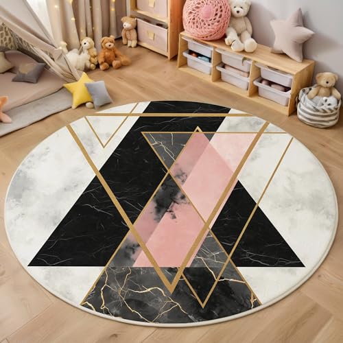 ALTCIRNMD Rosa Schwarz Linearer Marmor 3D Teppich Rundteppich Für Wohnzimmer 180Cm Minimal Art,Schlafzimmer rutschfeste Bodenmatte Krabbelmatte Tischset Flur Badematte Esszimmer Eingangsbereich von ALTCIRNMD