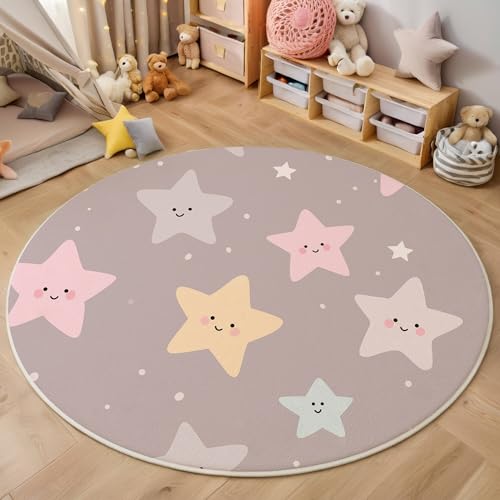 ALTCIRNMD Rosa Süße Sterne 3D Teppich Rundteppich Für Wohnzimmer 100Cm Fantasy-Kunst,Schlafzimmer rutschfeste Bodenmatte Krabbelmatte Tischset Flur Badematte Esszimmer Eingangsbereich von ALTCIRNMD