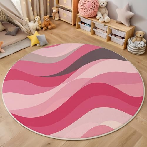 ALTCIRNMD Rosa Wellenförmige Streifen 3D Teppich Rundteppich Für Wohnzimmer 140Cm Abstrakte Kunst,Schlafzimmer rutschfeste Bodenmatte Krabbelmatte Tischset Flur Badematte Esszimmer Eingangsbereich von ALTCIRNMD