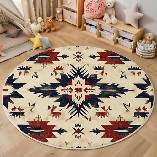 ALTCIRNMD Rot Blau Indische Kunst 3D Teppich Rundteppich Für Wohnzimmer 180Cm Ethnogeometrie,Schlafzimmer rutschfeste Bodenmatte Krabbelmatte Tischset Flur Badematte Esszimmer Eingangsbereich von ALTCIRNMD