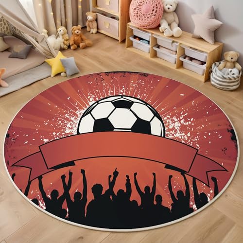 ALTCIRNMD Rot Gestreifter Fußball 3D Teppich Rundteppich Für Wohnzimmer 200Cm Fröhlicher Sport,Schlafzimmer rutschfeste Bodenmatte Krabbelmatte Tischset Flur Badematte Esszimmer Eingangsbereich von ALTCIRNMD