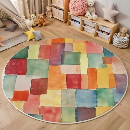ALTCIRNMD Rot Orange Farbblöcke 3D Teppich Rundteppich Für Wohnzimmer 140Cm Aquarellgeometrie,Schlafzimmer rutschfeste Bodenmatte Krabbelmatte Tischset Flur Badematte Esszimmer Eingangsbereich von ALTCIRNMD