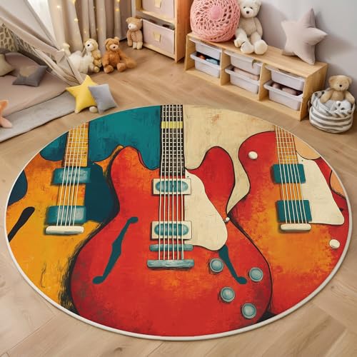 ALTCIRNMD Rot Personalisierte E-Gitarre 3D Teppich Rundteppich Für Wohnzimmer 160Cm Retro-Textur,Schlafzimmer rutschfeste Bodenmatte Krabbelmatte Tischset Flur Badematte Esszimmer Eingangsbereich von ALTCIRNMD