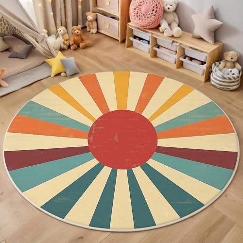 ALTCIRNMD Rot Sonnenlicht 3D Teppich Rundteppich Für Wohnzimmer 100Cm Retro-Abstrakt,Schlafzimmer rutschfeste Bodenmatte Krabbelmatte Tischset Flur Badematte Esszimmer Eingangsbereich von ALTCIRNMD