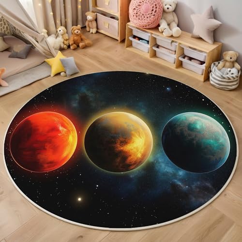ALTCIRNMD Rot Und Blau Farbplanet 3D Teppich Rundteppich Für Wohnzimmer 100Cm Kosmische Landschaft,Schlafzimmer rutschfeste Bodenmatte Krabbelmatte Tischset Flur Badematte Esszimmer Eingangsbereich von ALTCIRNMD